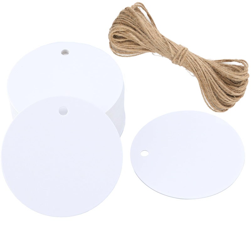 jijAcraft White Round Gift Tags with String, 100PCS Circle Kraft Paper Tags, 2Inch Writable Blank Hangtag for Gift Wrapping, DIY Crafts, Party Favors - Image 1